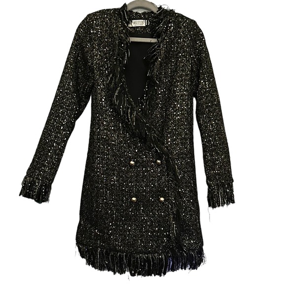 Miki Studio Jackets & Blazers - Black and Gold Tweed Double Breasted Jacket with‎ Fringe Size S